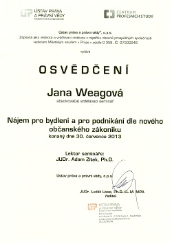 Certifikát – Nájem pro bydlení a pro podnikání dle nového občanského zákoníku